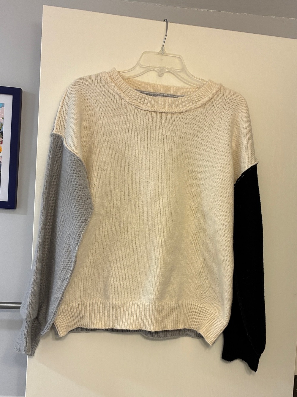 BiBi Ivory Crewneck Color block Sweater with Gray and Black Sleeves